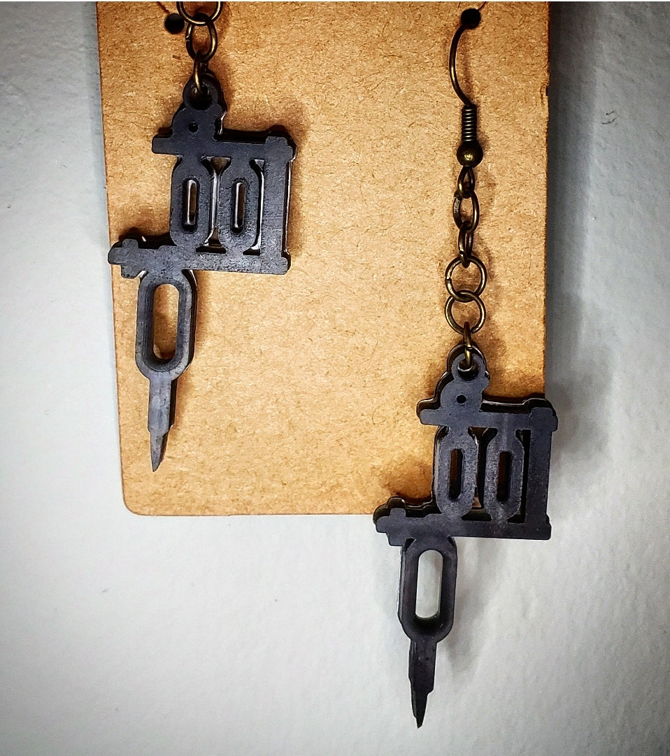 Tattoo machine dangle earrings